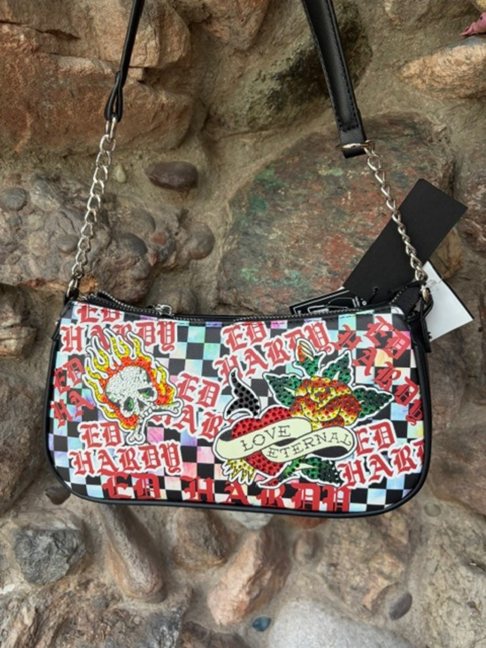 Ed Hardy Black Checkered 'Love Eternal' Embellished Mini Shoulder Bag